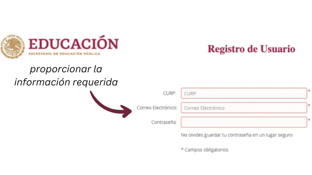 Instrucciones para ingresar CURP, correo y contraseña